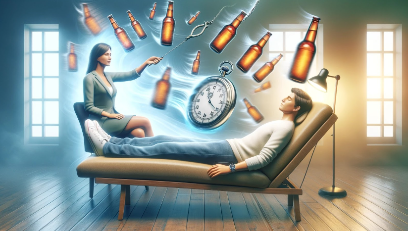 Women doing hypnotherapy for alcohol addiction on a man laying down. Alcohol bottles floating around above him