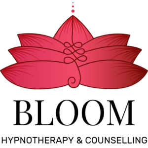 Pink lotus with the words Bloom Hypnotherapy and Counselling underneath